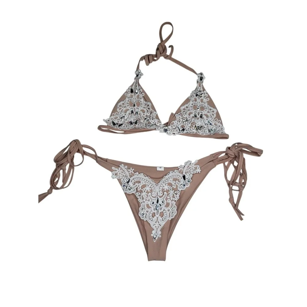 Size M Women's Nude White Lace Rhinestone Tie Side Bikini Swimsuit Set